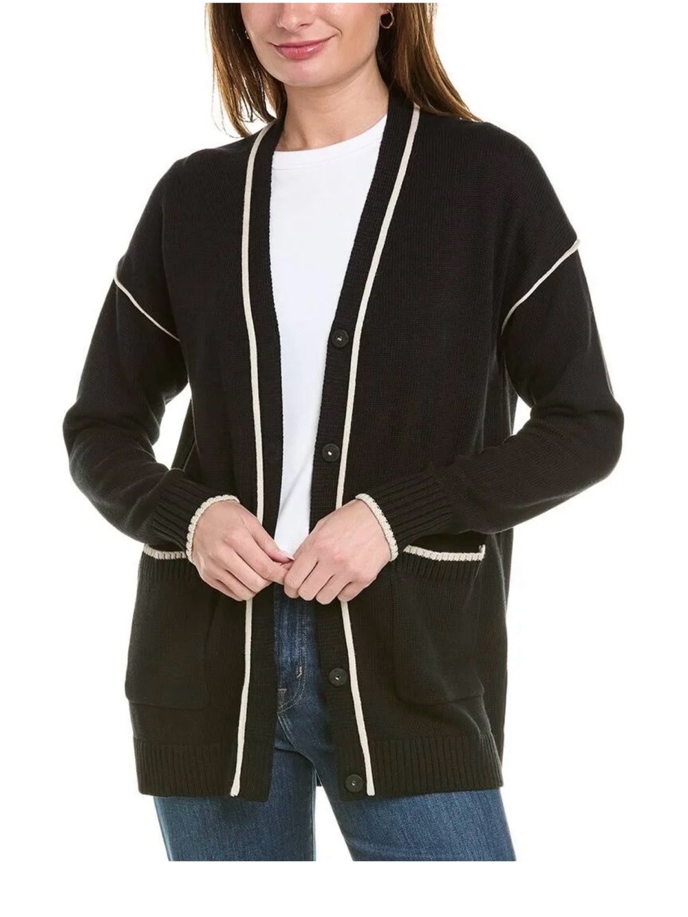 cabi Black Cardigan with White Trim size small
